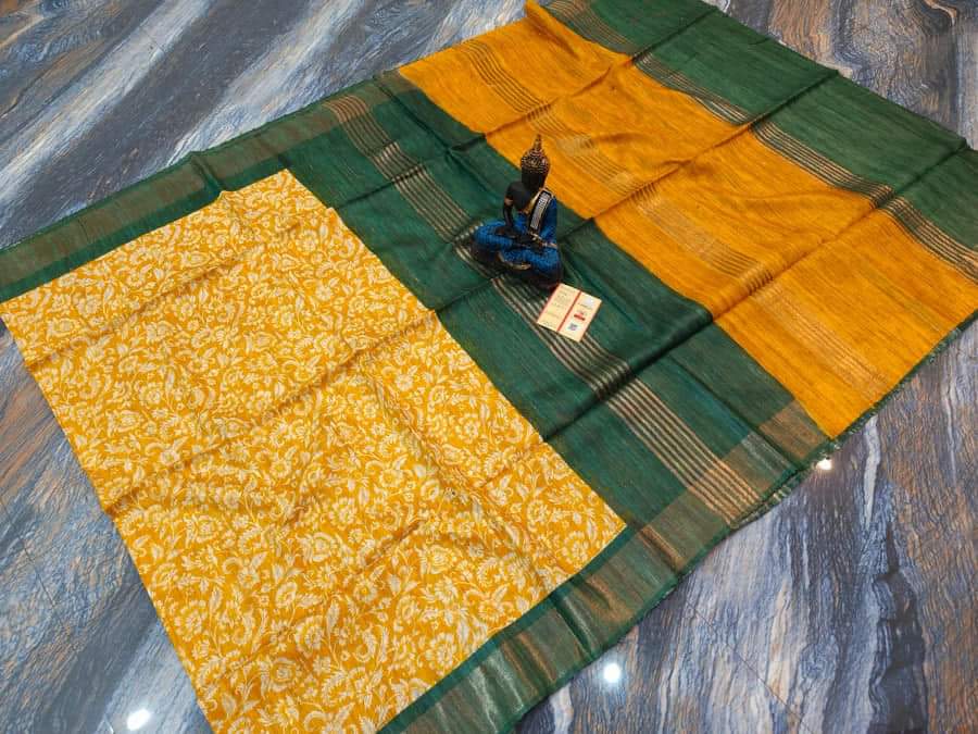 Yellow with dark green Pure Tussar gicha screen print sarees