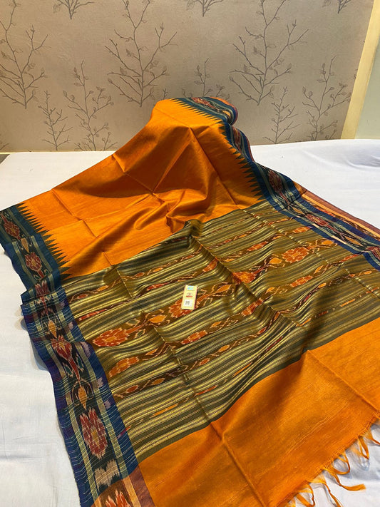 Orange Pure desi tussar silk pochampally border sarees