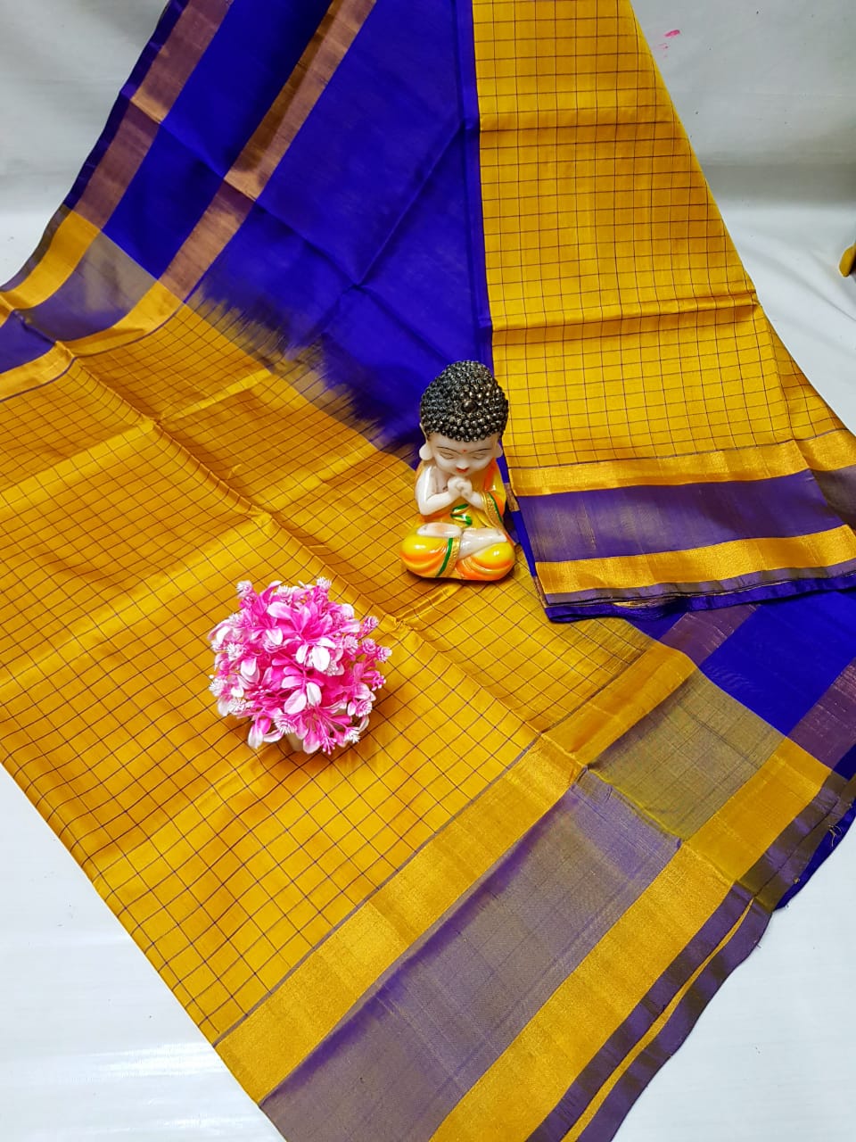 Yellow and Dark blue uppada mahanati checks sarees