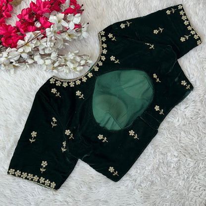 Bottle green readymade velvet pearl work blouse