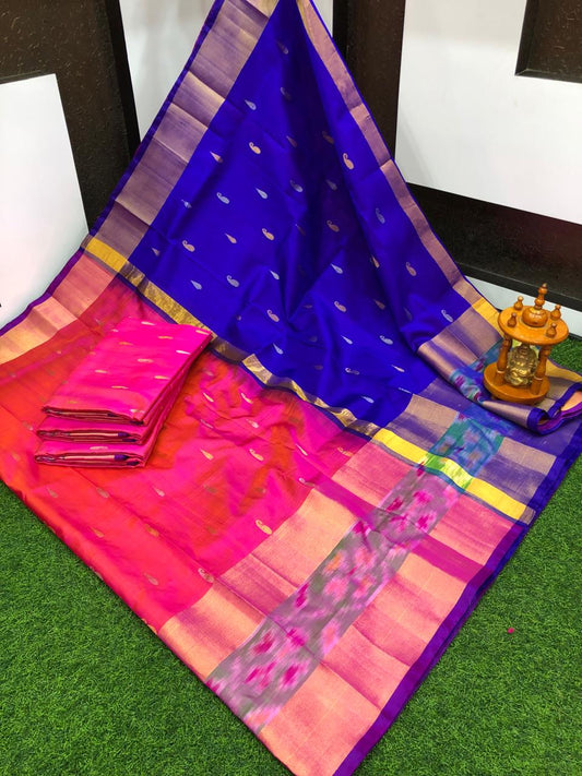 Pink and dark blue uppada pattu pochampally border sarees