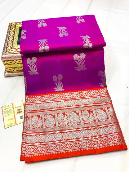 Dark Magenta with orange Pure Venkatagiri silk sarees