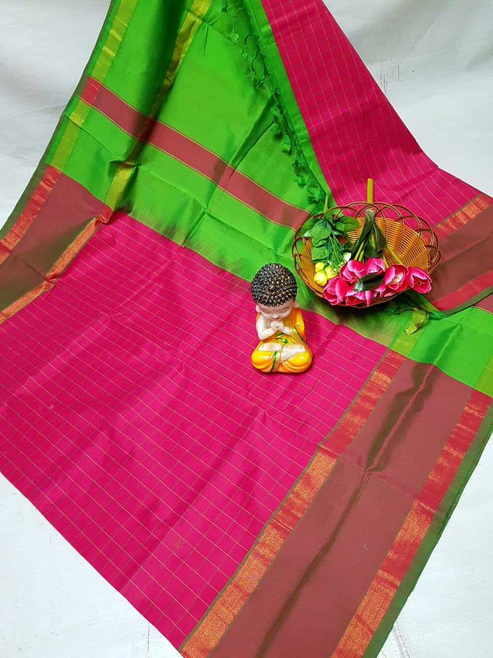 Dark pink and green Tripura silk mahanati checks sarees