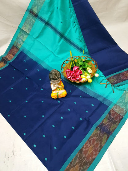 Navy blue Tripura silk sarees with Pochampally border