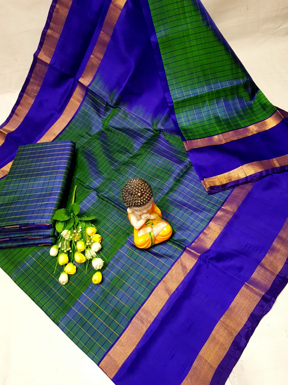 Dark green with royal blue uppada mahanati checks sarees