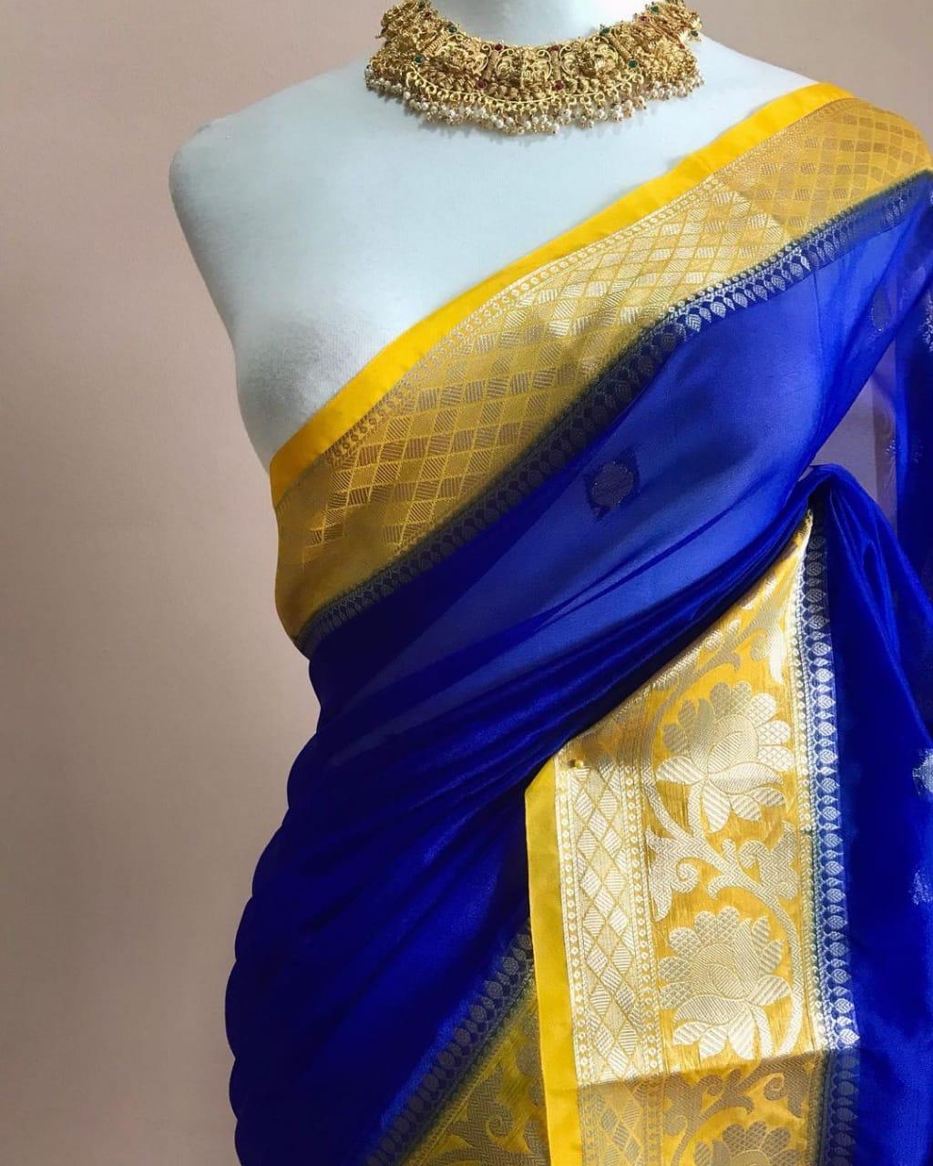 Dark blue and yellow Banarasi kora organza sarees