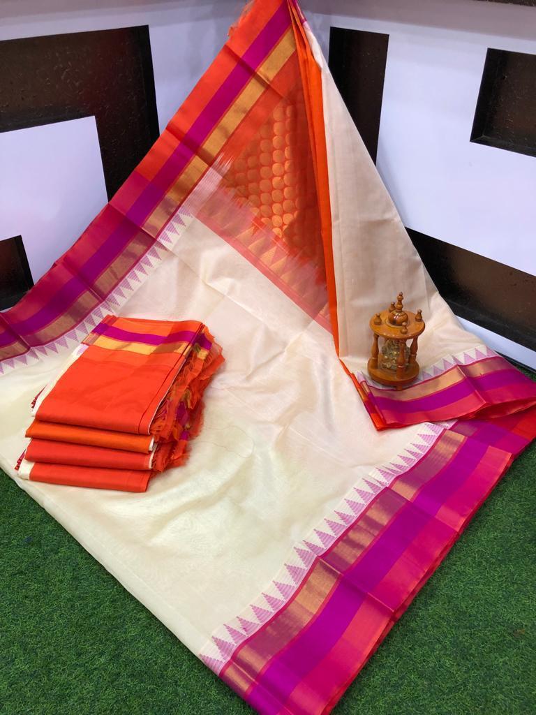 Cream and orange pure handloom Kuppadam sarees