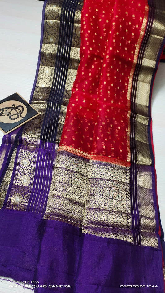 Red with purple Banarasi kora organza silk sarees