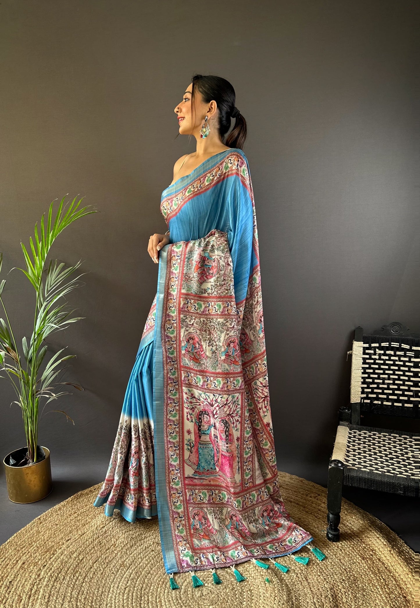 Sky blue tussar silk sarees with madhubani print