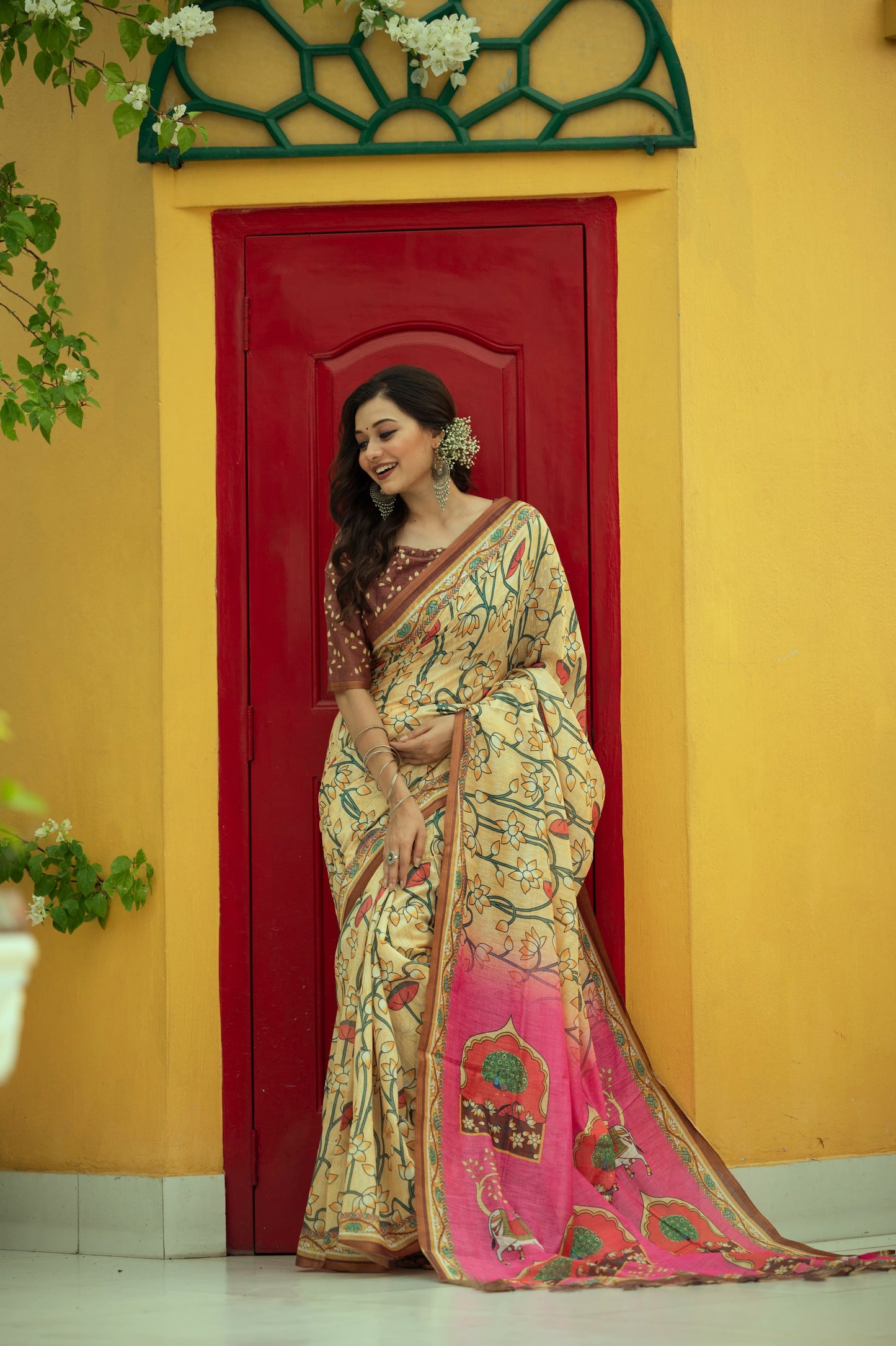 Sandal mulmul linen cotton sarees