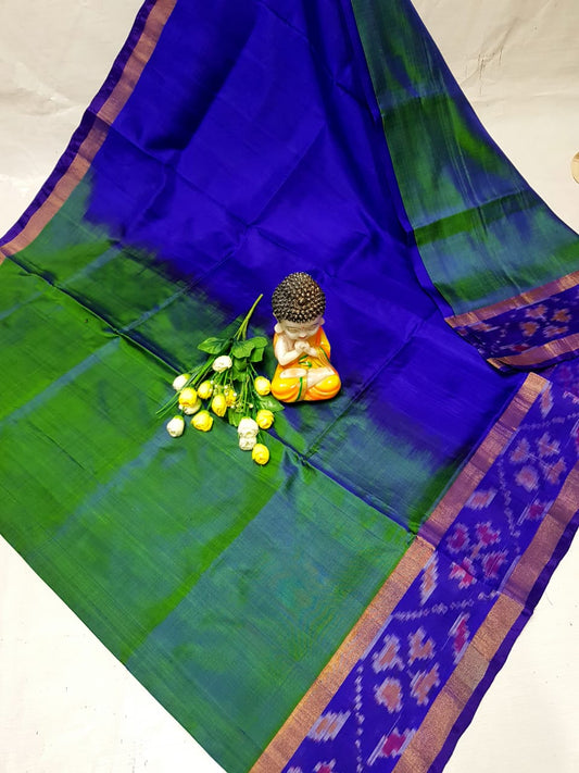 Green and dark blue Uppada sarees with small pochampally border