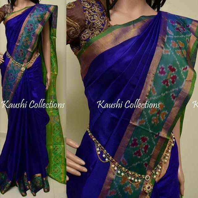 Blue and green Uppada sarees with small pochampally border