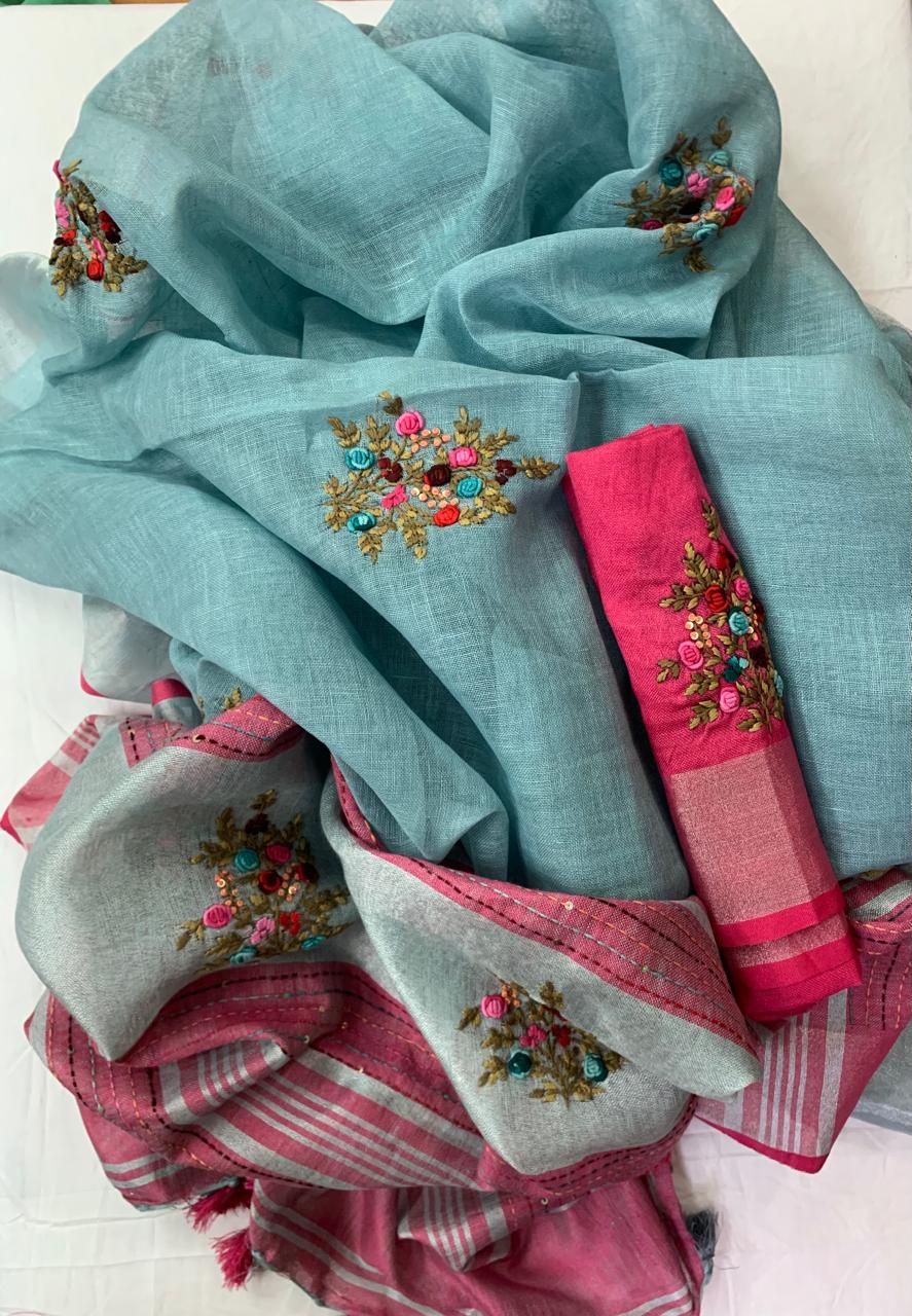 Light Blue Linen French Knot embroidery sarees