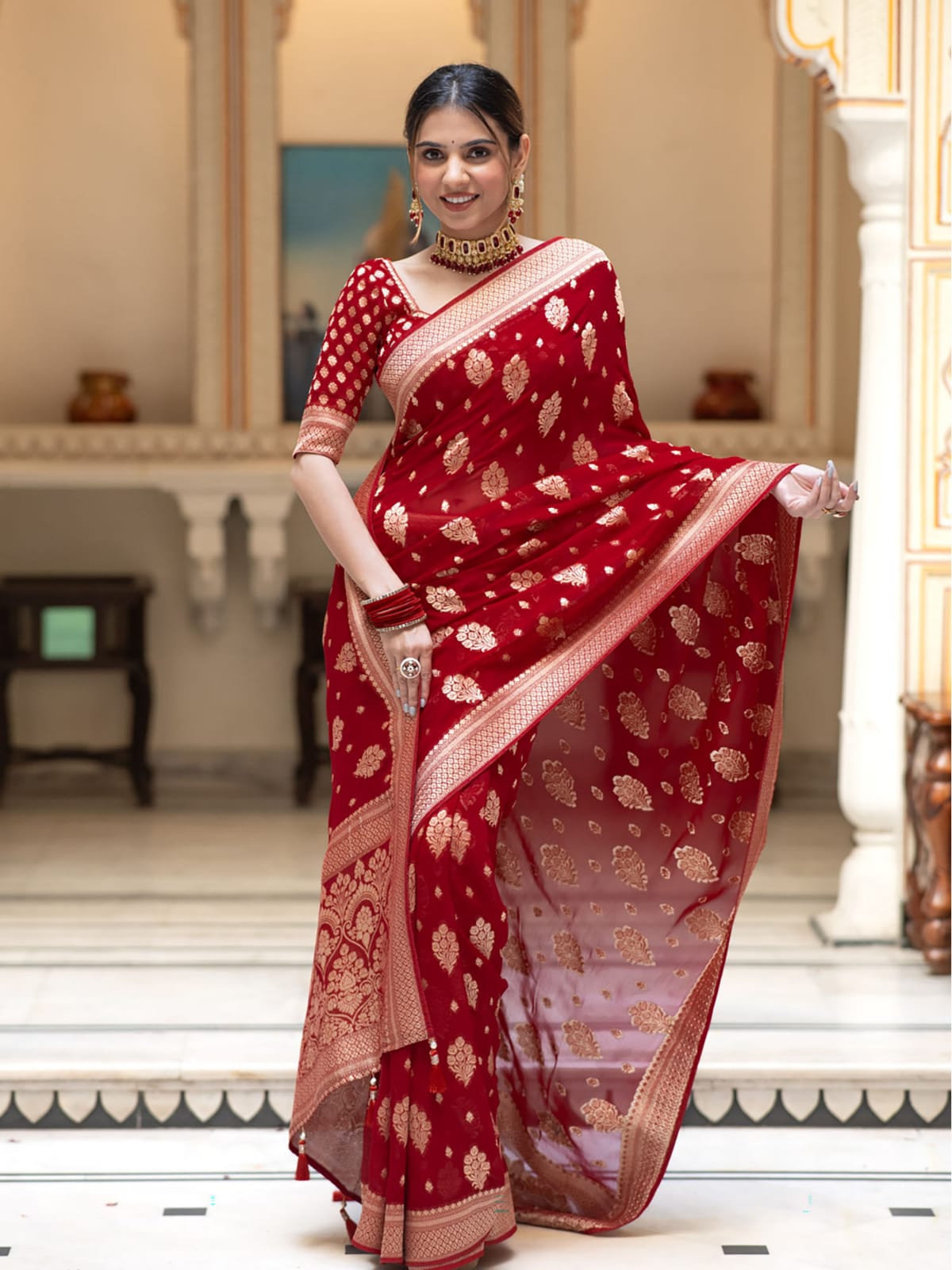 Chilli red Banarasi semi georgette silk sarees