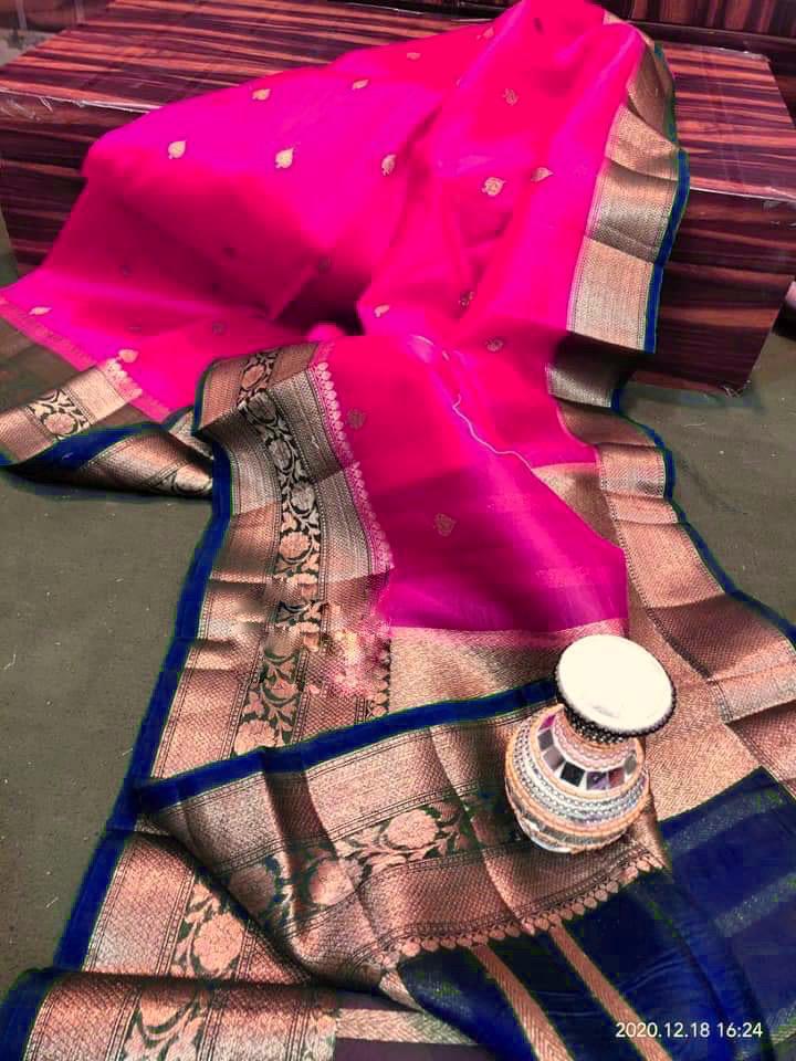 Dark pink Banarasi kora organza sarees