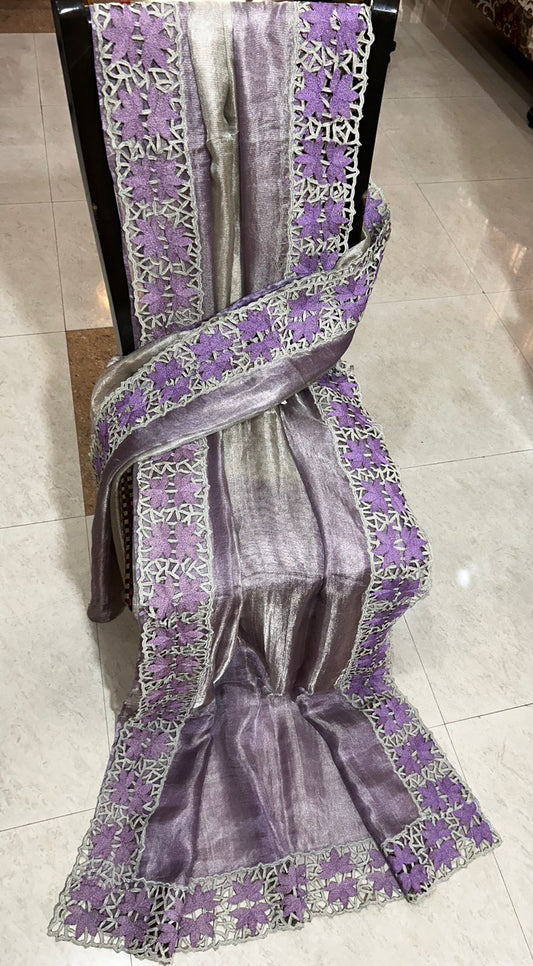 Purple Silver cutwork pure tussar tissue silk sarees