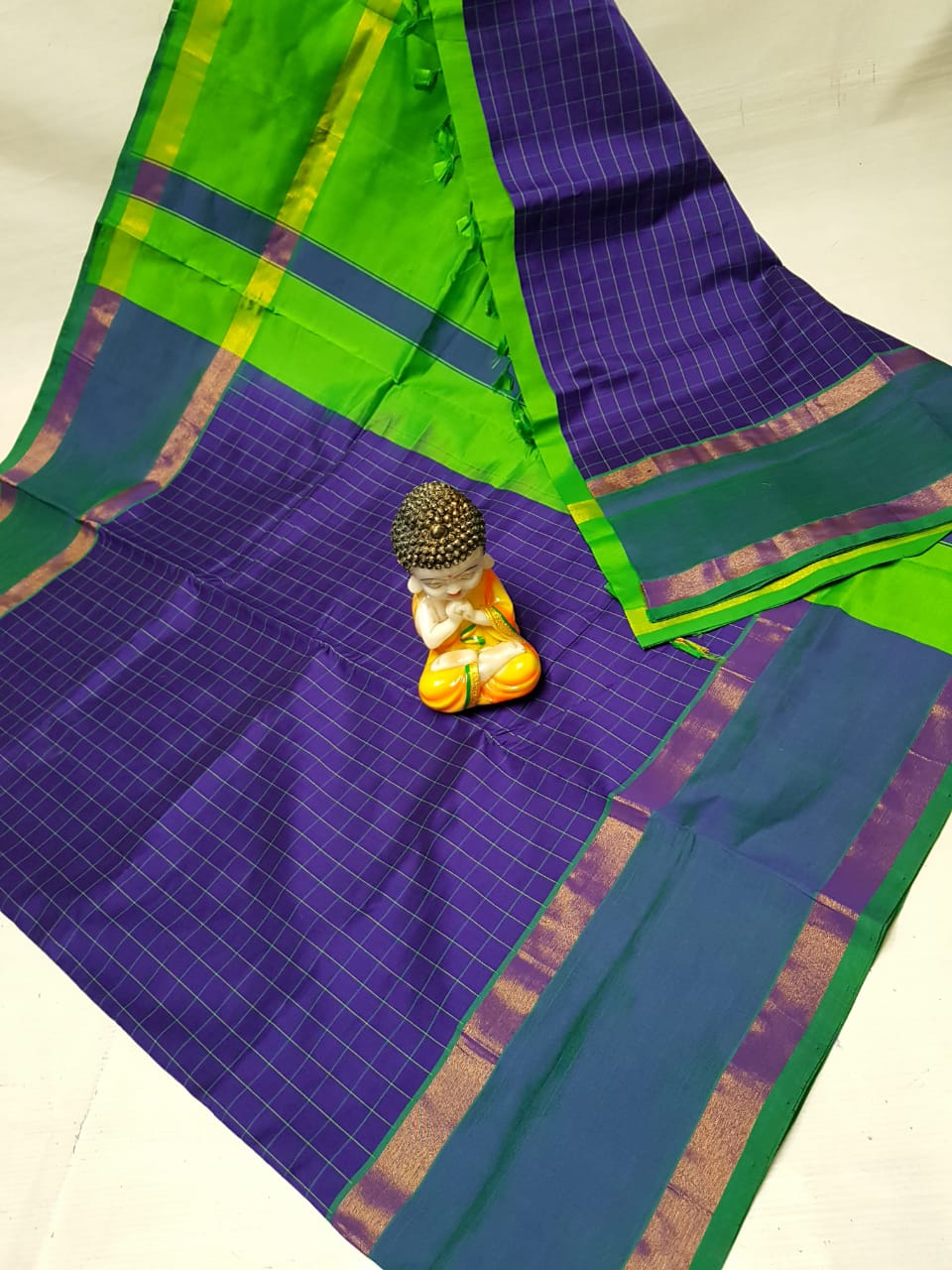 Dark blue and green Tripura silk mahanati checks sarees