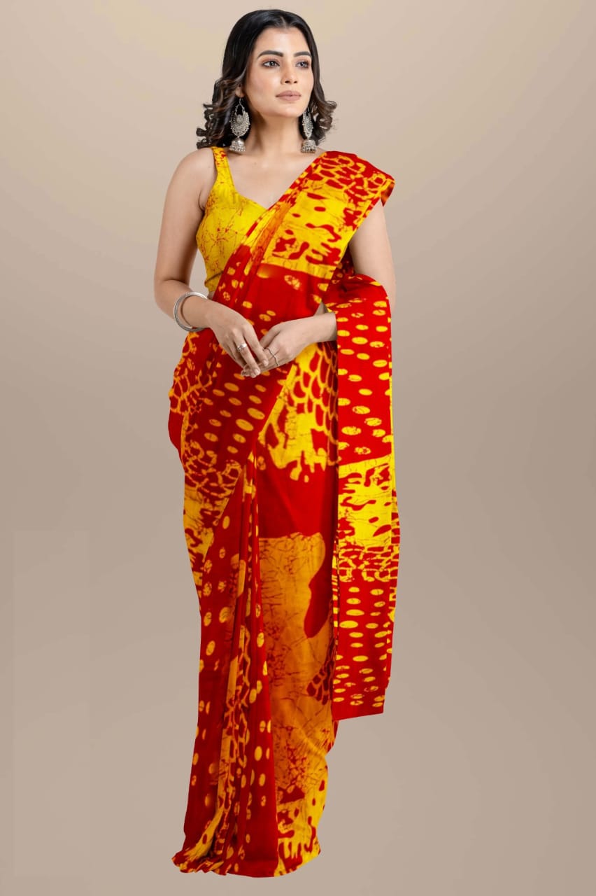 Red and yellow Handblock printed mulmul cotton sarees