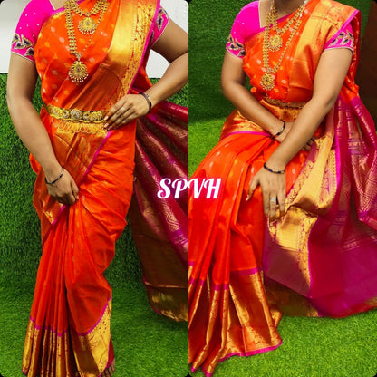 Orange handloom Kuppadam kanchi border sarees