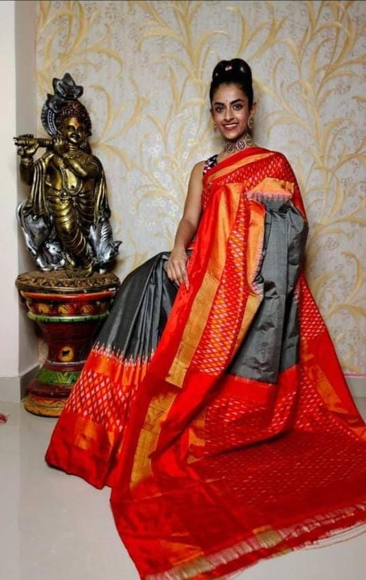 Grey and red ikkat plain silk sarees