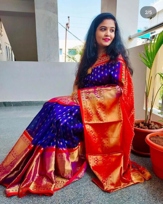 Dark blue and red handloom Kuppadam kanchi border sarees