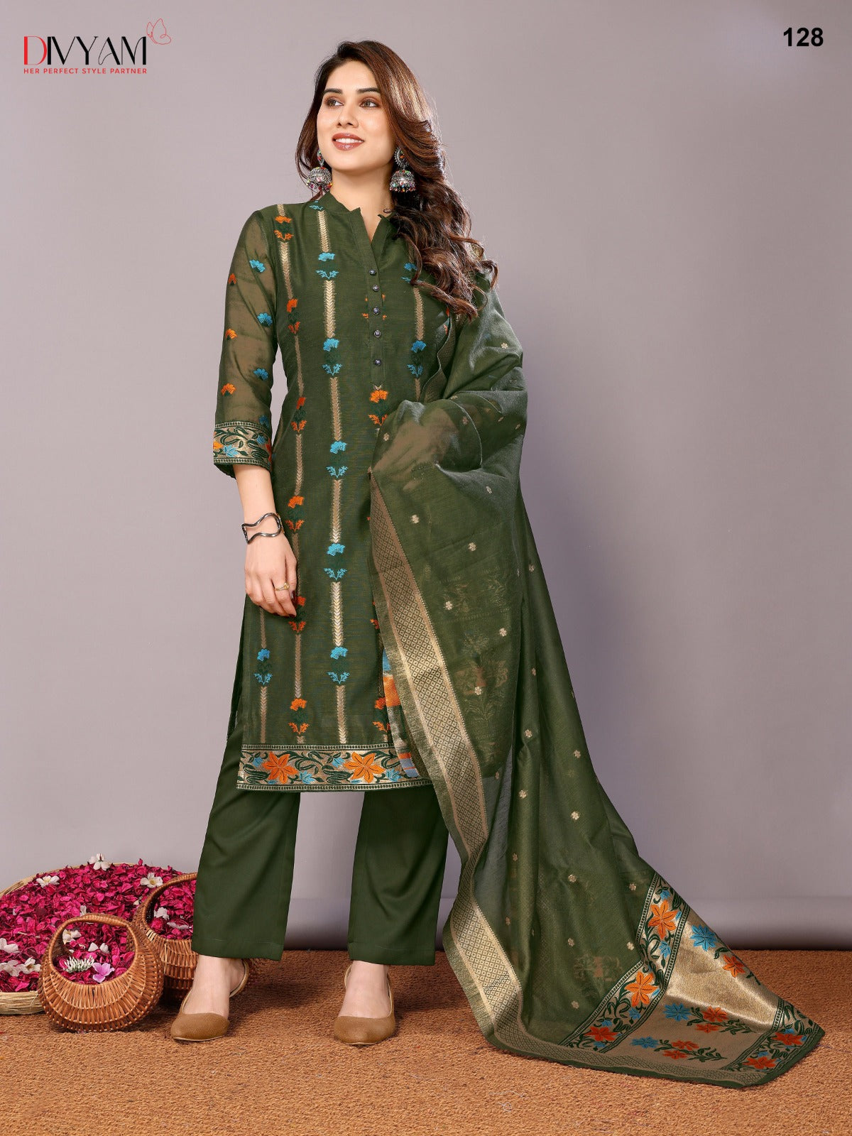 Dark green chanderi readymade suits