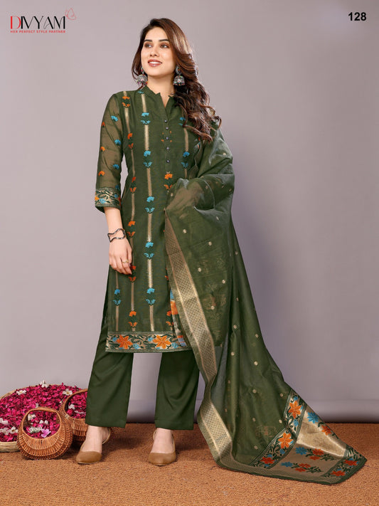 Dark green chanderi readymade suits