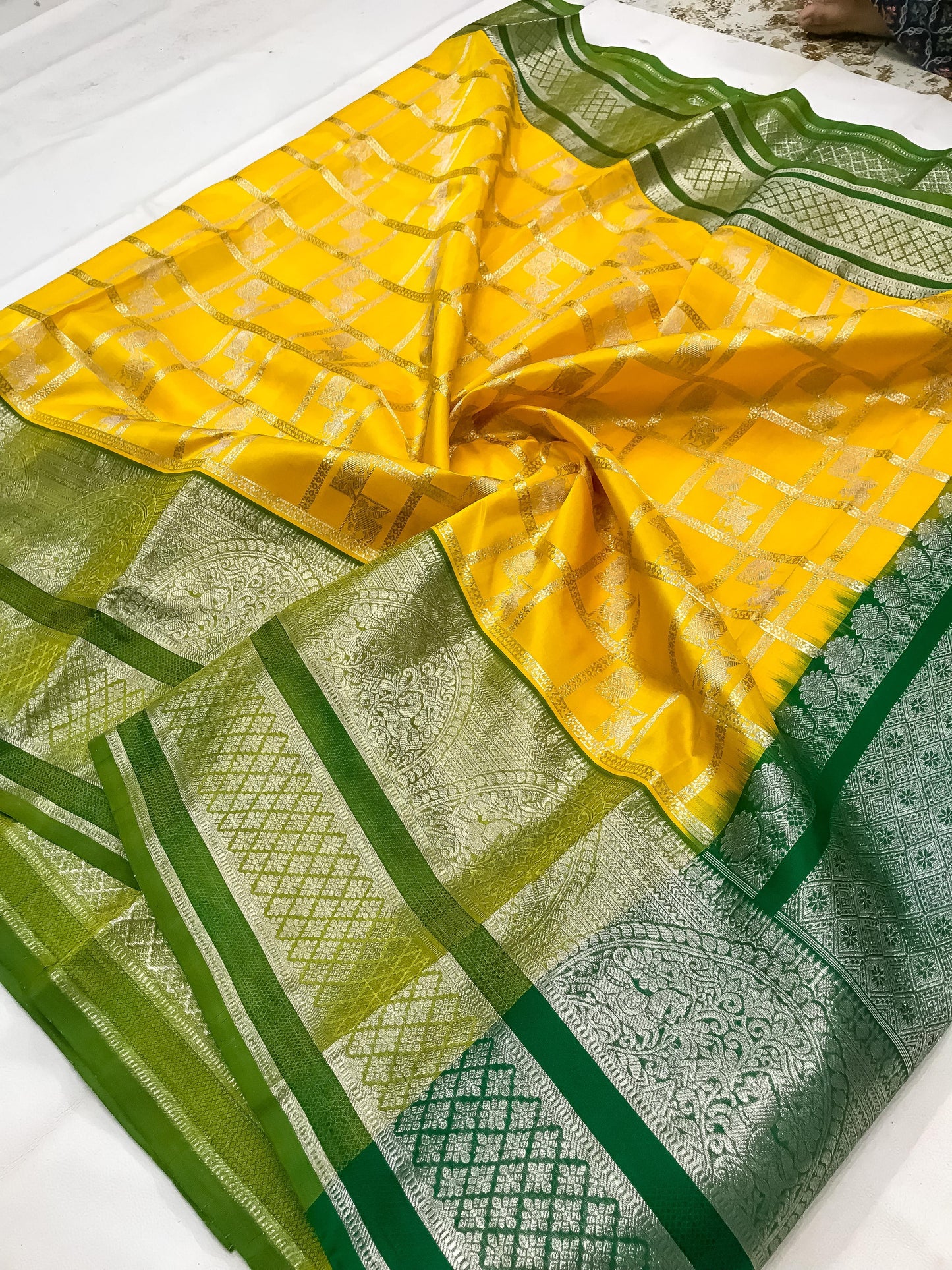 Yellow with dark green Pure Venkatagiri silk sarees