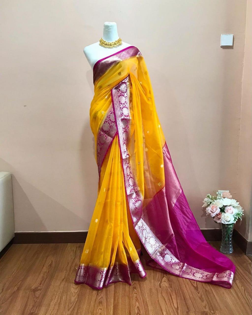 Mango yellow Banarasi kora organza sarees