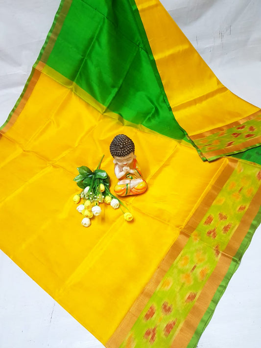 Yellow Uppada sarees with small pochampally border