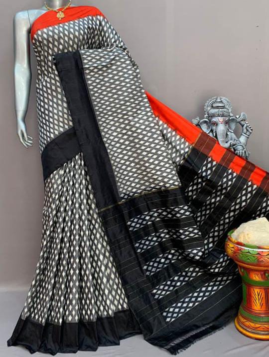 Black and white handloom pochampally ikkat silk sarees