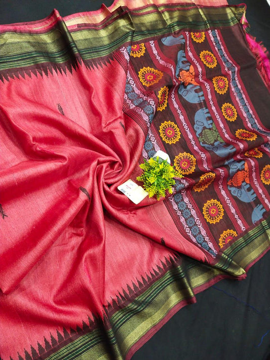 Dark peach pure desi tussar silk sarees