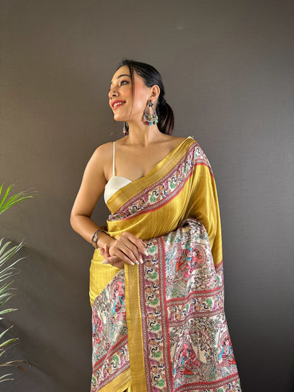 Mustard yellow tussar silk sarees with madhubani print