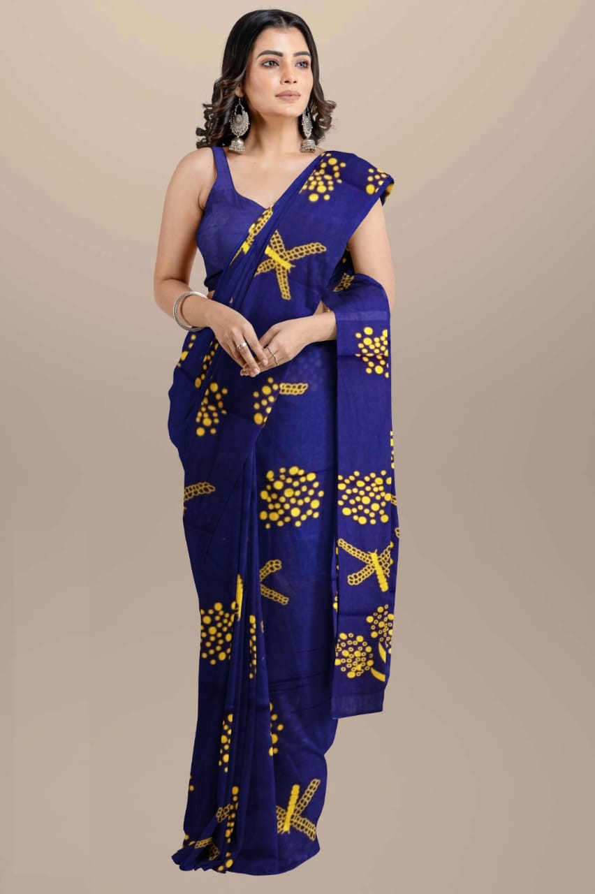 Dark purple blue Handblock printed mulmul cotton sarees