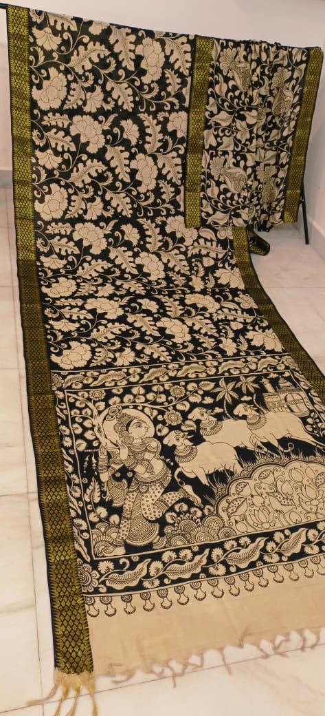 Black and white mangalagiri pen kalamkari sarees