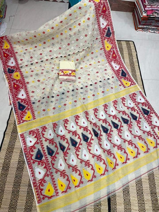 Cream semi polished Dhakai Jamdani sarees