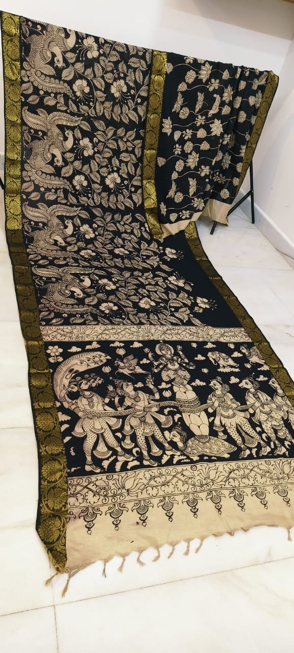 Black and white mangalagiri pen kalamkari sarees