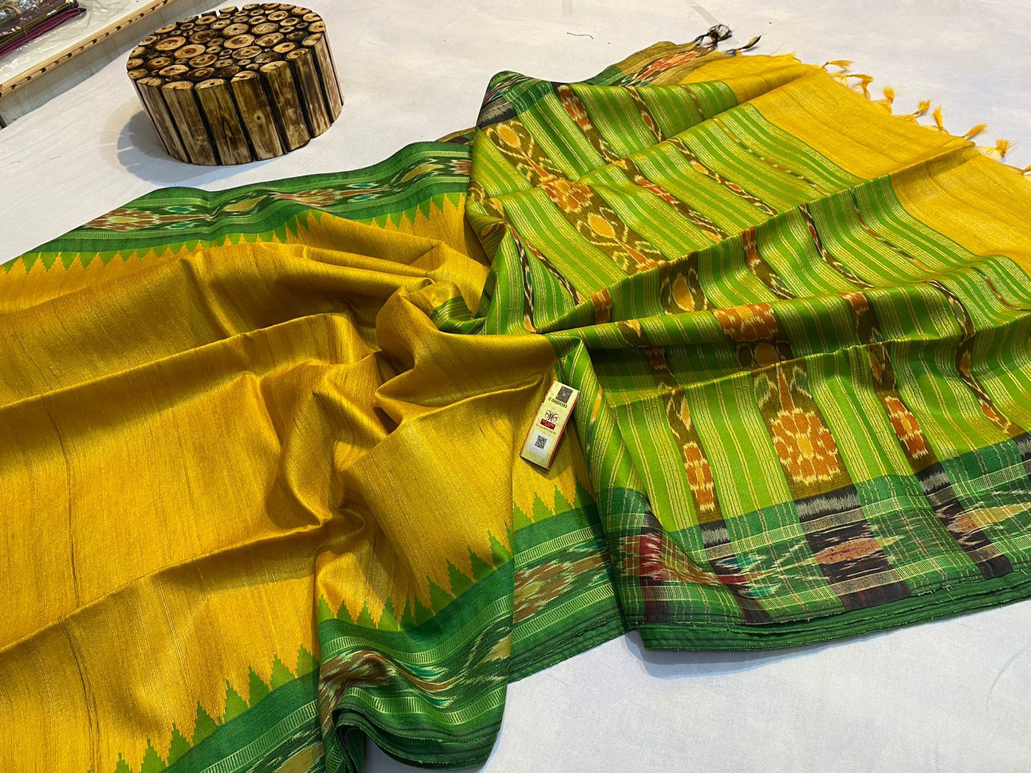 Yellow with green Pure desi tussar silk pochampally border sarees