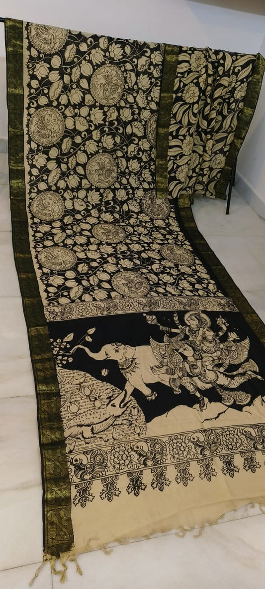 Black and white mangalagiri pen kalamkari sarees