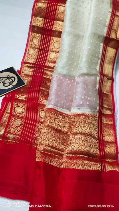 Cream and red Banarasi kora organza silk sarees