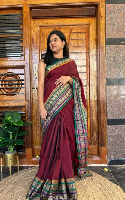 Maroon red Narayanpet Cotton sarees