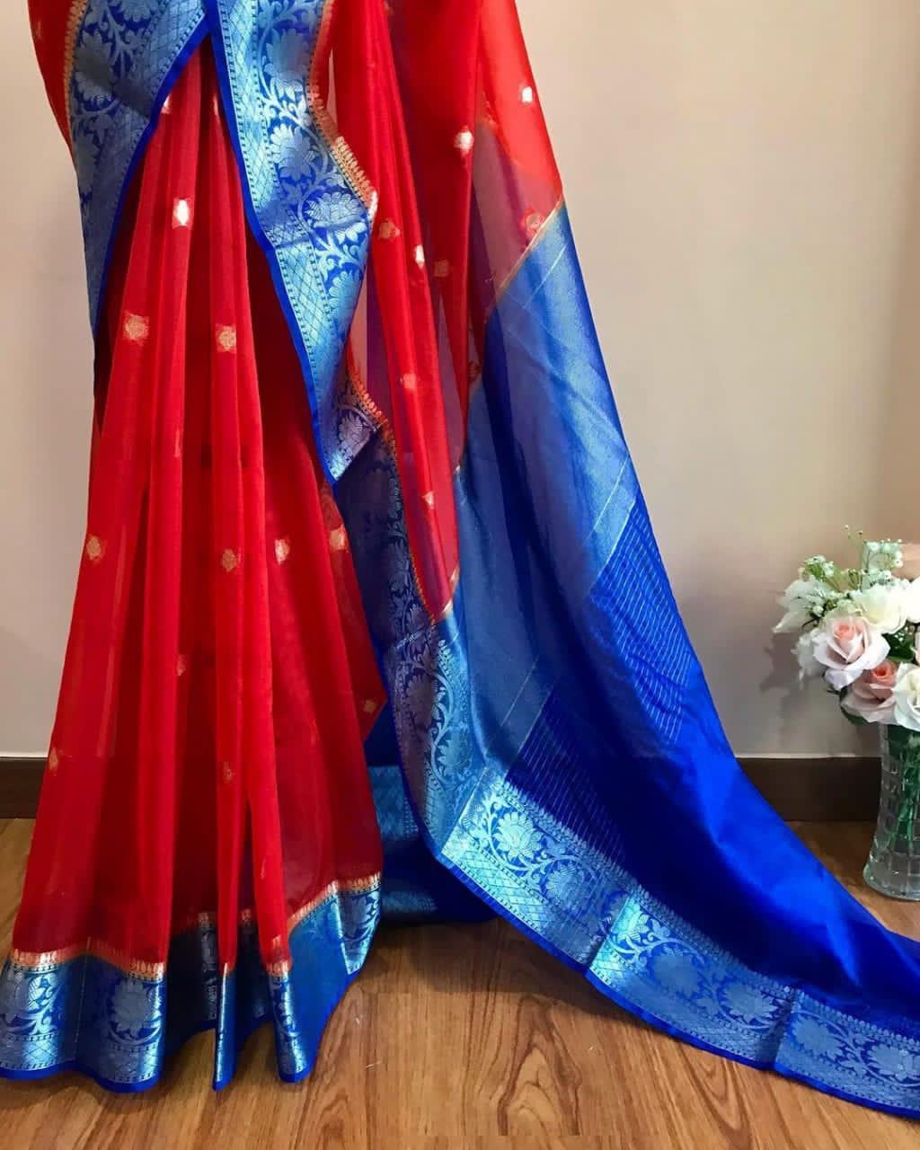 Red Banarasi kora organza sarees