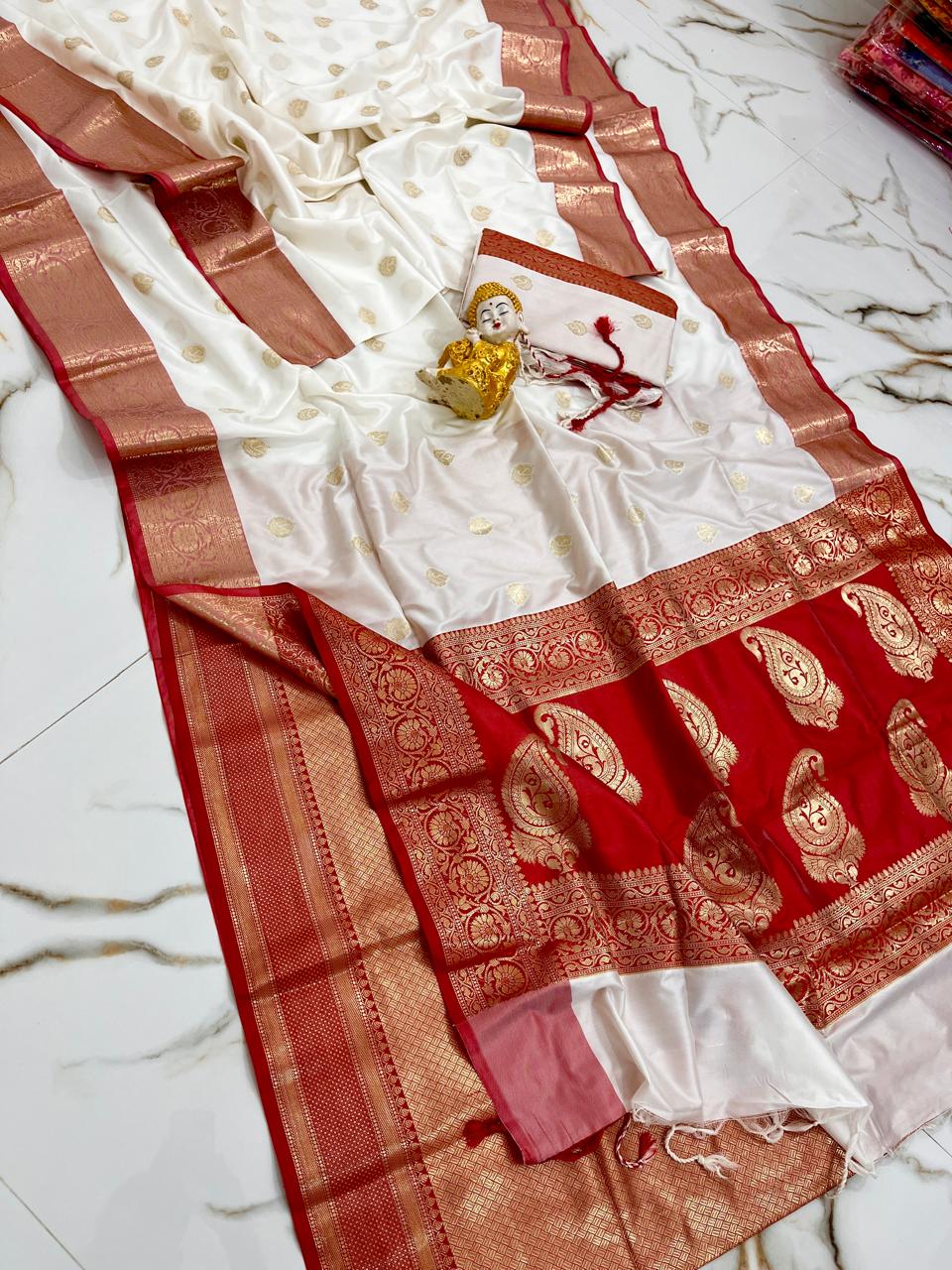 White and red Muga katan silk sarees