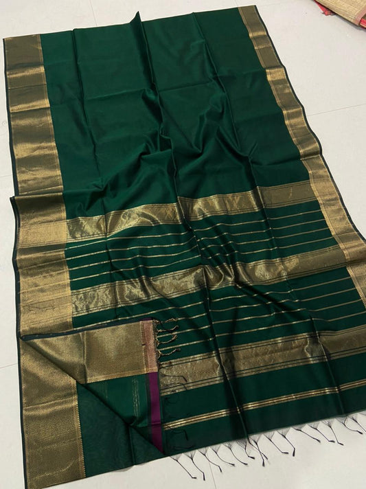 Bottle green Maheshwari big border sarees