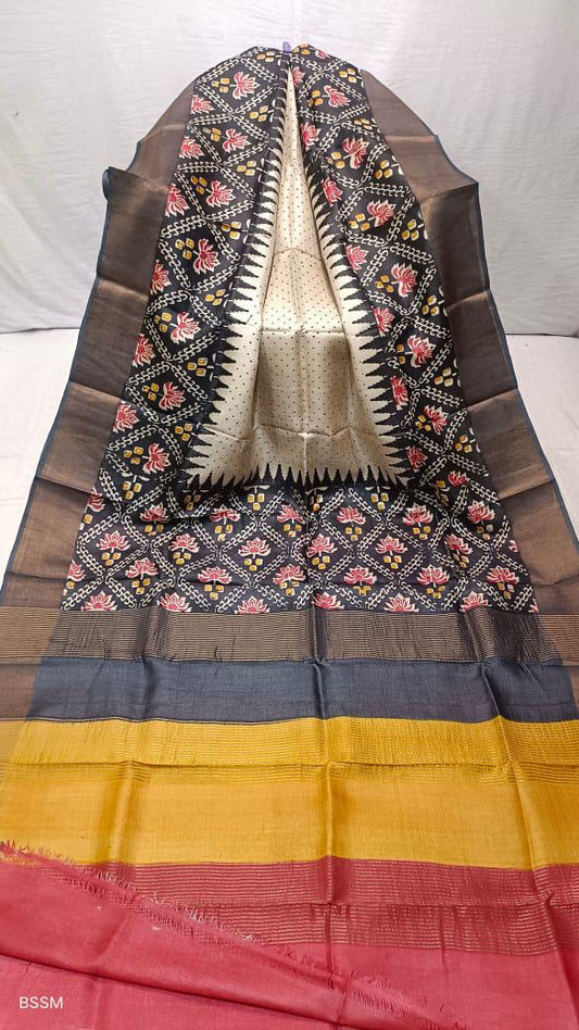 Cream and black pure tussar silk hand block printed sarees