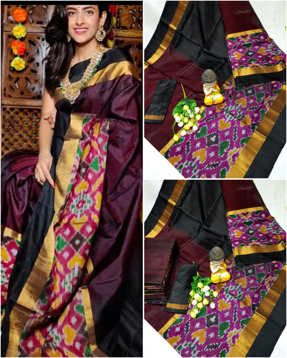 Chocolate brown Uppada sarees with big pochampally border