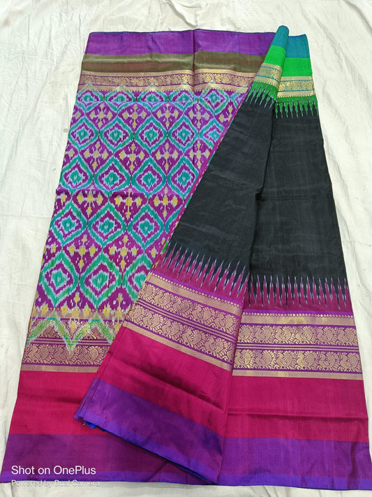 Black ikkat silk sarees with jakat kanchi border