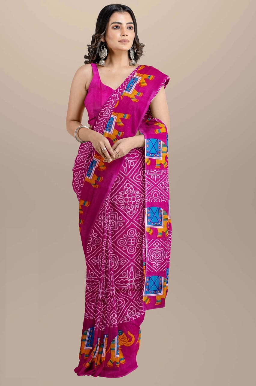 Magenta Handblock printed mulmul cotton sarees