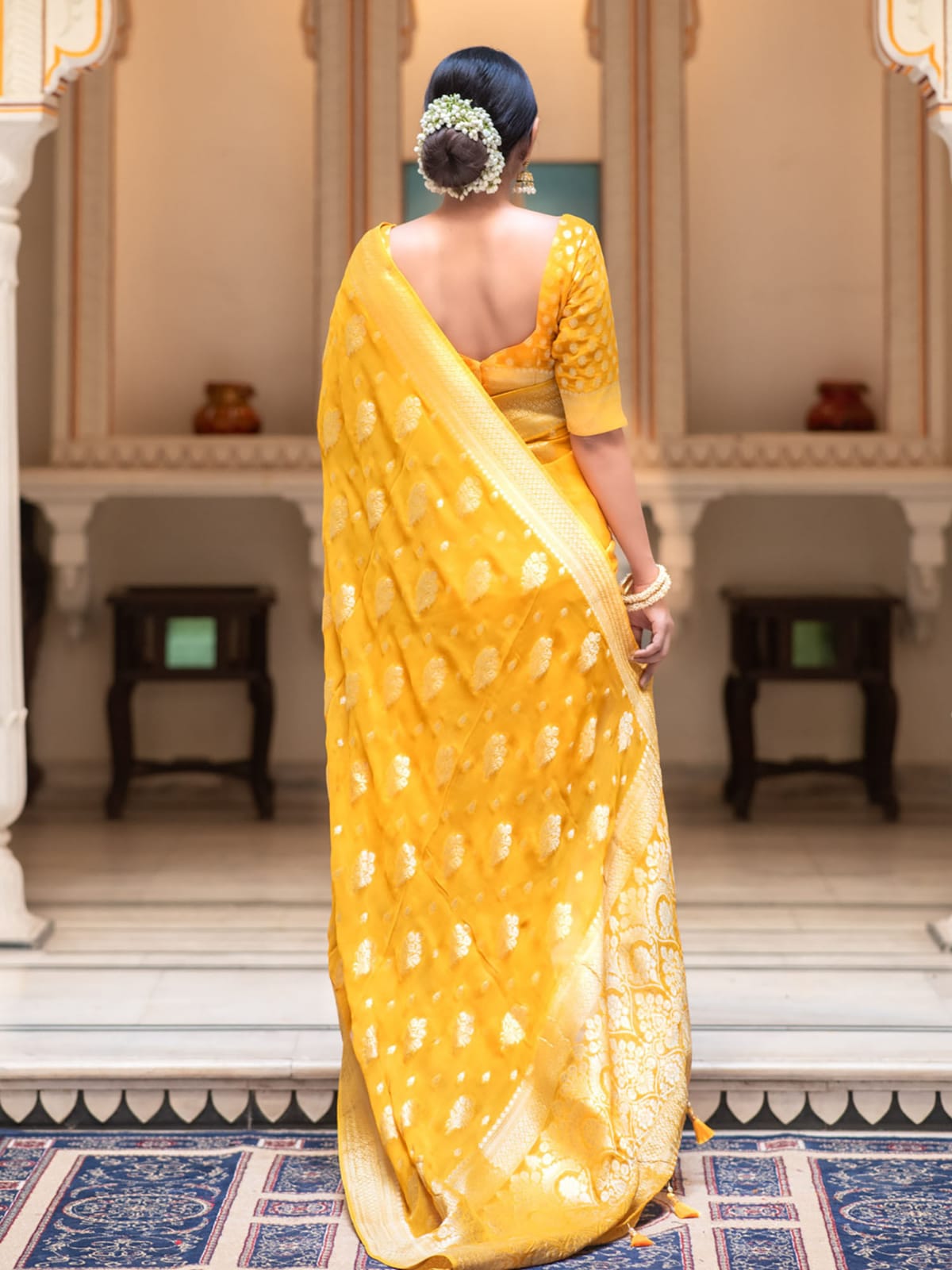 Mango yellow Banarasi semi georgette silk sarees