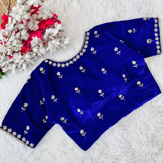 Royal blue readymade velvet pearl work blouse